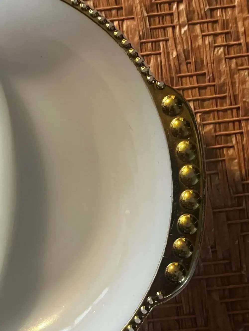 Vintage Fire-King Oven Ware White Milk Glass  Serving Dish with Gold Bead Trim